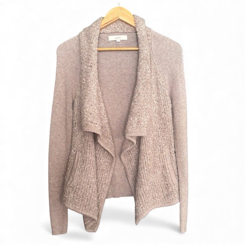 LOFT Nubby Wool Mohair Blend Open Front Cardigan Sweater Tan Brown Small